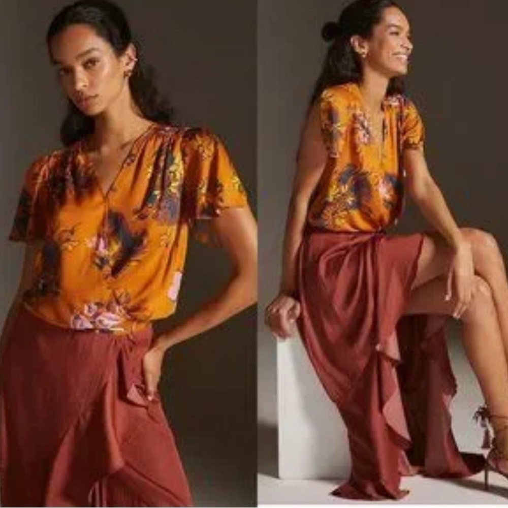 Anthropologie Tiny Venus Knit Wrap Top Floral Orange - Picture 3 of 7